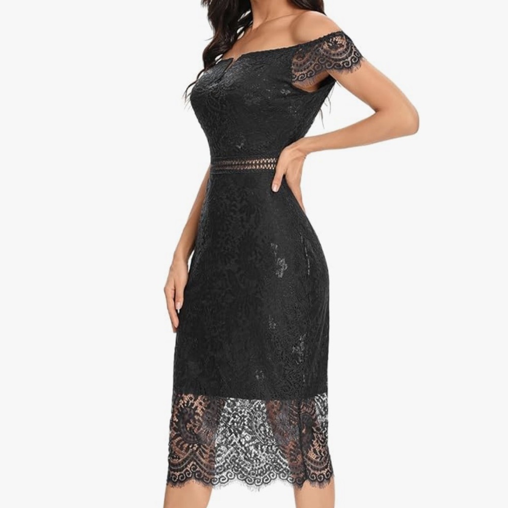Allandwell Floral Lace Short Fluttering Sleeves Knee Length MIDI Dress Black XL